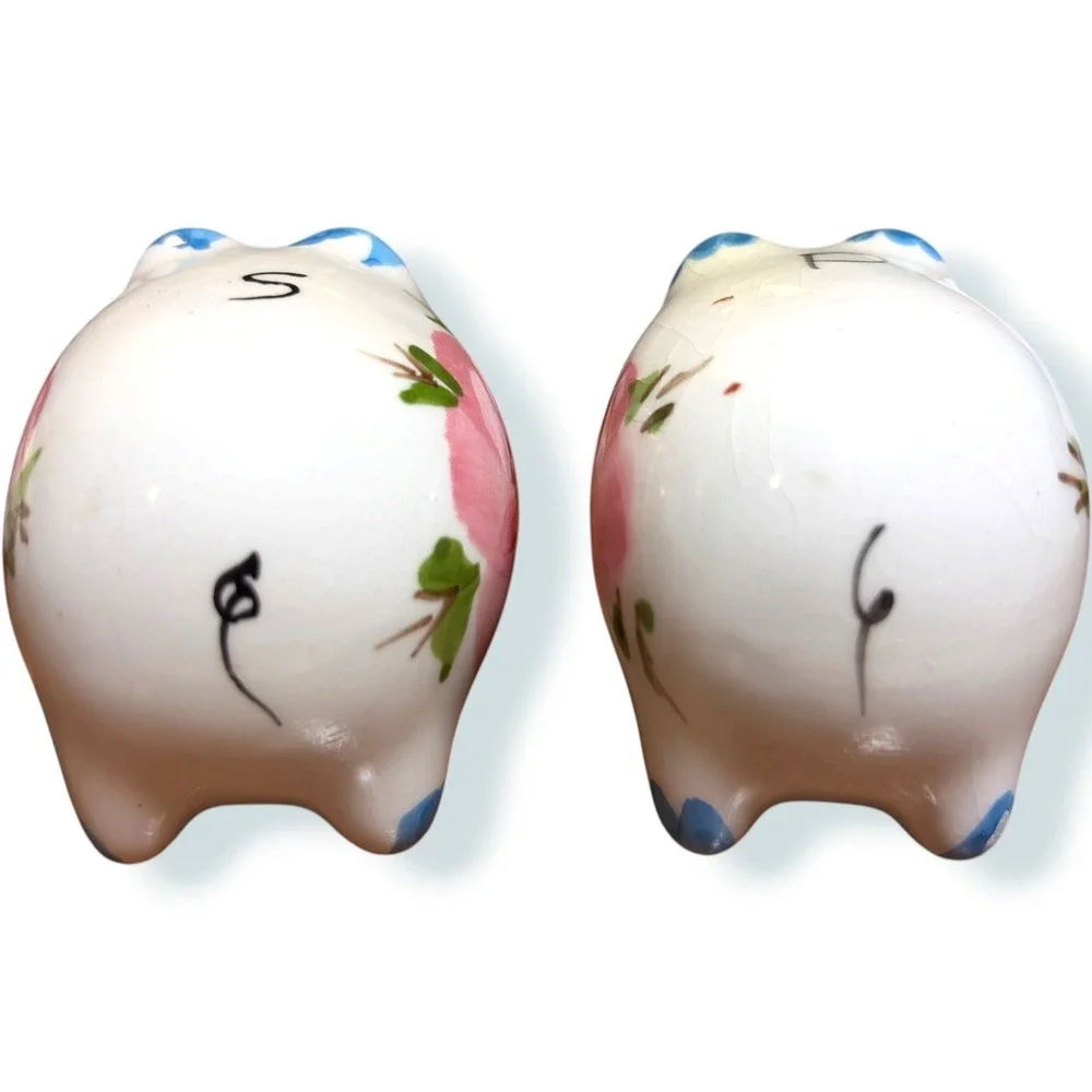 Vintage Style Micro Ceramic Piggy Salt and Pepper Shakers Pink Floral Set